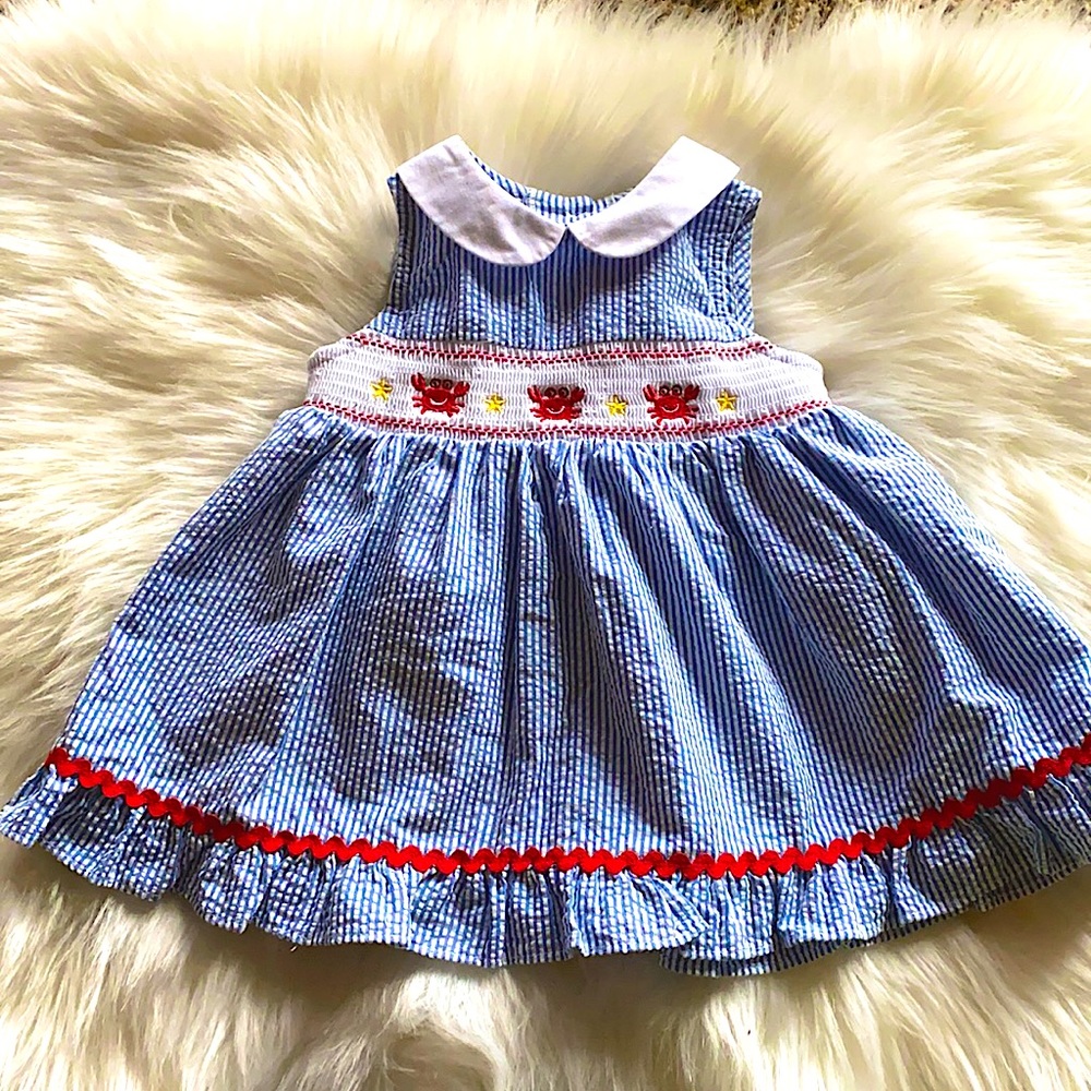 Smocked Crab Summer Seersucker Dress Good Lad 12m